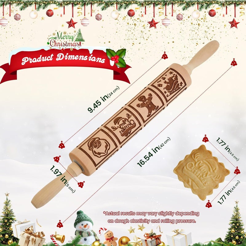GOBAM Embossed Rolling Pin for Cookies, Engraved Wooden Rolling Pin for Baking, Deep Pattern Cookie Roller for Christmas, Holiday, DIY Kitchen Decor and Gift - Christmas Classic - Image 2